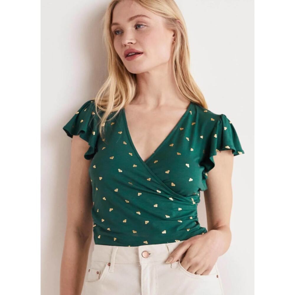 Boden NWT Flutter Sleeve Wrap Top in Trekking Green, Spaced Bud Size 6